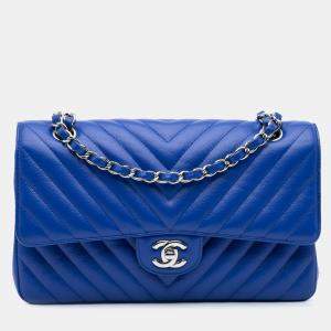 Chanel Blue Medium Classic Chevron Caviar Double Flap Bag