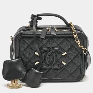 Chanel Black Quilted Caviar Leather Small CC Filigree Vanity Case Bag