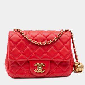 Chanel Red Mini Square Classic Lambskin Pearl Crush Single Flap Bag