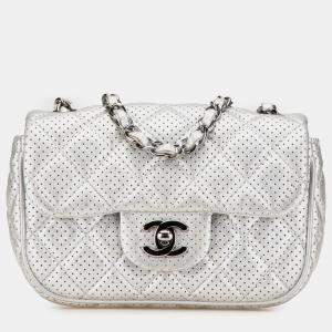 Pre Owned Chanel Silver Mini Perforated Lambskin Punch Flap