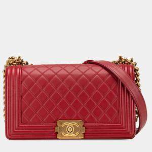 Pre Owned Chanel Red Lambskin Medium Boy Flap Bag