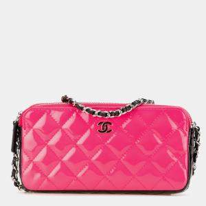 Chanel Pink Bicolor Patent Double Zip Wallet on Chain