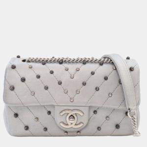Chanel Silver Lambskin Chevron Mini Rectangular Stud Wars Flap Bag