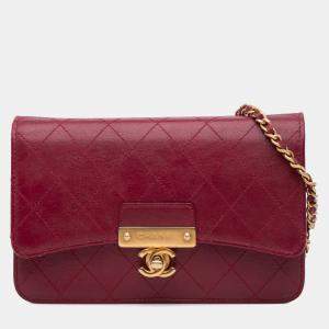 Chanel Red Stitched Goatskin Golden CC Wallet On Chain
