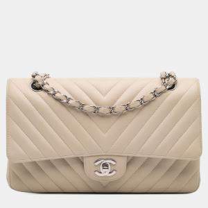 Chanel Beige Medium Classic Chevron Lambskin Double Flap Bag
