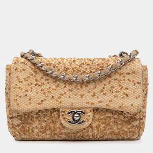 مملوكة مسبقًا Chanel Brown Small Raffia Sequin Single Flap Bag