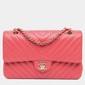 Chanel Pink Medium Classic Chevron Lambskin Double Flap Bag