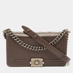 Pre Owned Chanel Dark Beige Glazed Leather Medium Boy Flap Bag