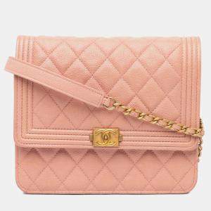 Chanel Pink Quilted Caviar Square Boy Wallet On Chain