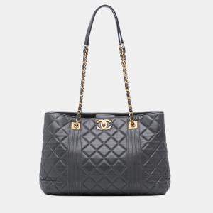Chanel Grey CC Quilted Lambskin Pin Tuck Tote