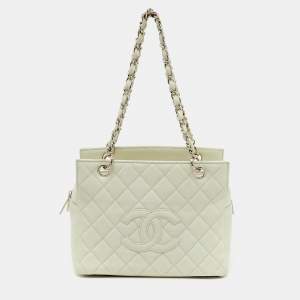 Chanel Off White Quilted Caviar Leather Petite Timeless Shopper Tote Bag