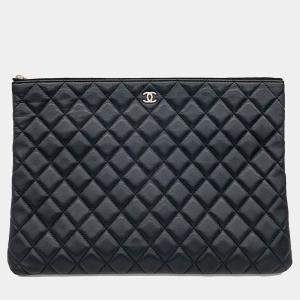 Chanel Black Lambskin Leather Large Clutch