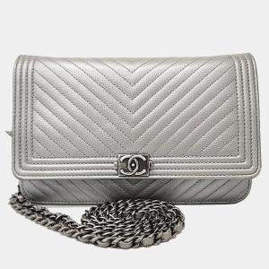 Chanel Silver Leather Caviar Chevron WOC Mini Crossbody Bag