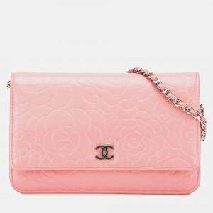 Chanel Pink Embossed Lambskin Camellia Wallet On Chain