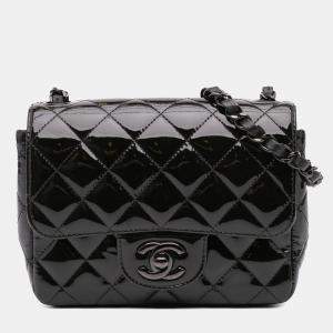 Pre Owned Chanel Black Mini Square Classic Patent So Black Single Flap