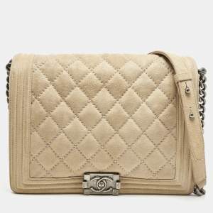 مملوكة مسبقًا Chanel Beige Quilted Suede New Medium Gentle Boy Bag