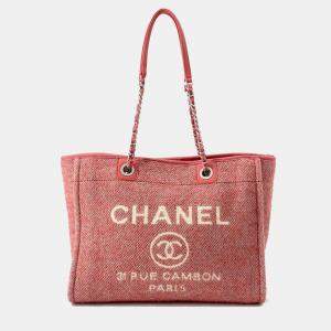 Chanel Pink Canvas Leather Deauville MM Chain Shoulder Bag 