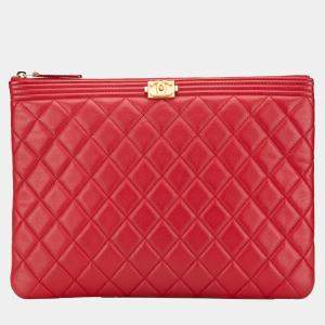Chanel Red Medium Quilted Caviar Boy O Case Clutch
