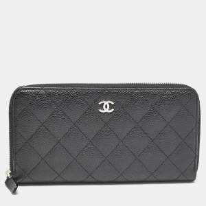 Chanel Black Quilted Cavair Leather Classic Zip Around Wallet