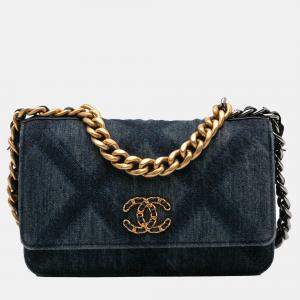 Chanel Blue Denim Stitched 19 Flap Wallet On Chain