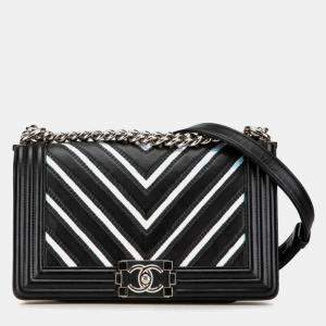Pre Owned Chanel Black Silver Lambskin Patent Leather Chevron Boy Shoulder Bag