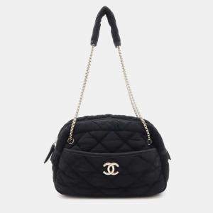 Chanel Black Cotton Jersey Bubble Quilt Chain Shoulder Bag 