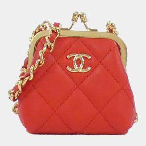 Chanel Red Lambskin Quilted Mini Kiss Lock Clutch With Chain 
