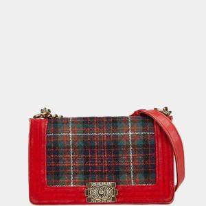 Chanel Matelasse Boy 25 Chain Shoulder Bag Red Multicolor Velour Wool Leather