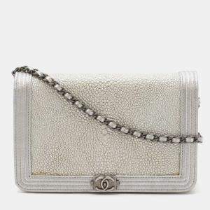 Chanel Boy Chanel Coco Mark Chain Wallet Shoulder Bag Pochette Galuchat Metallic Leather Silver