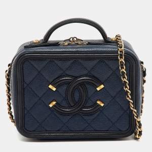 Chanel Navy Blue/Black Quilted Caviar Leather Small CC Filigree Vanity Case Bag