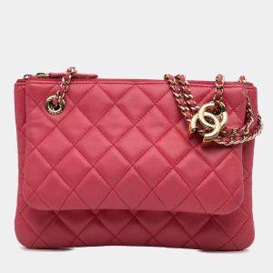 Pre Owned Chanel Pink Quilted Lambskin Double Case with Chain