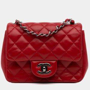 Pre Owned Chanel Red Mini Square Classic Lambskin Single Flap