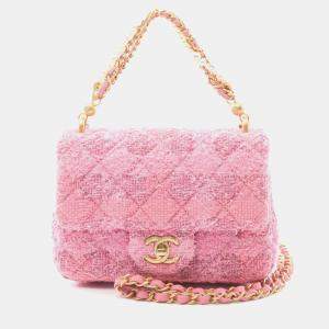 Chanel Pink Mini Square Quilted Woven Tweed Pearl Twist Flap