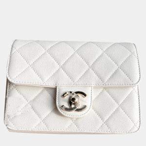 Pre Owned Chanel White Leather Chain Shoulder Bag 