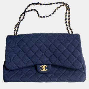 Pre Owned Chanel Blue Knit Microchip Version XXL Classic Flap Shoulder Bag 