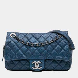 Pre Owned Chanel Blue Jumbo Iridescent Quilted Caviar Easy Flap