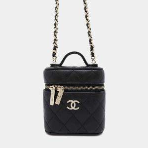 Chanel Matelasse Vanity Case Shoulder Bag Black Caviar Leather Size Small