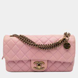 Pre Owned Chanel Pink Quilted Calfskin CC Crown Flap