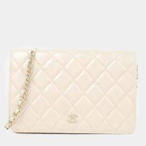 Chanel Beige Leather White Wallet On Chain 