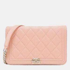 Chanel Pink Leather Boy Wallet On Chain 