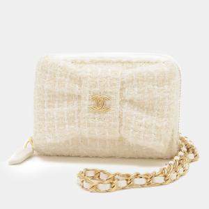 Chanel White Tweed Ribbon Chain Wallet Wallet/Coin Case
