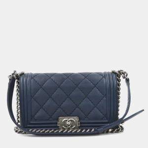 Pre Owned  Chanel Navy Blue Leather Boy Shoulder Bag