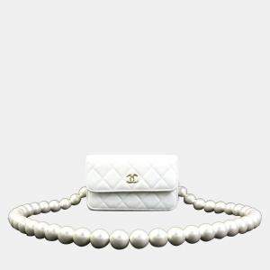 Chanel Matelasse Leather Faux Pearl White Body Bag Wallet 