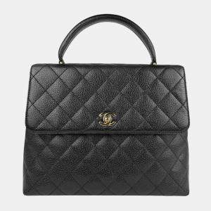 Chanel Caviar Skin Leather Black Gold Matelasse Handbag