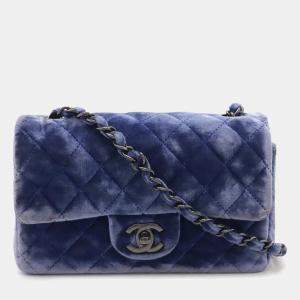 Chanel Leather Velour Blue Mini Matelasse Coco Mark Chain Shoulder Bag Pochette