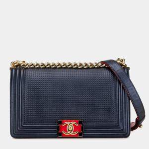 Chanel Navy Red Leather Coco Mark Boy 25 Chain Shoulder Bag