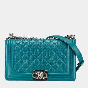 Chanel Green Turquoise Blue Lambskin Matelasse Boy 25 Coco Mark Chain Shoulder Bag