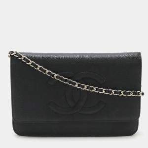 Chanel Caviar Skin Leather Black Coco Mark Chain Wallet Shoulder Bag