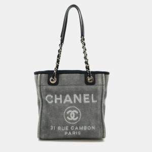 Chanel Canvas Leather Gray Black Deauville Shoulder Chain Tote Bag