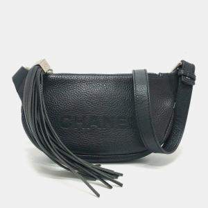 Pre Owned Chanel Black Calfskin Logo Fringe Chain Shoulder Bag